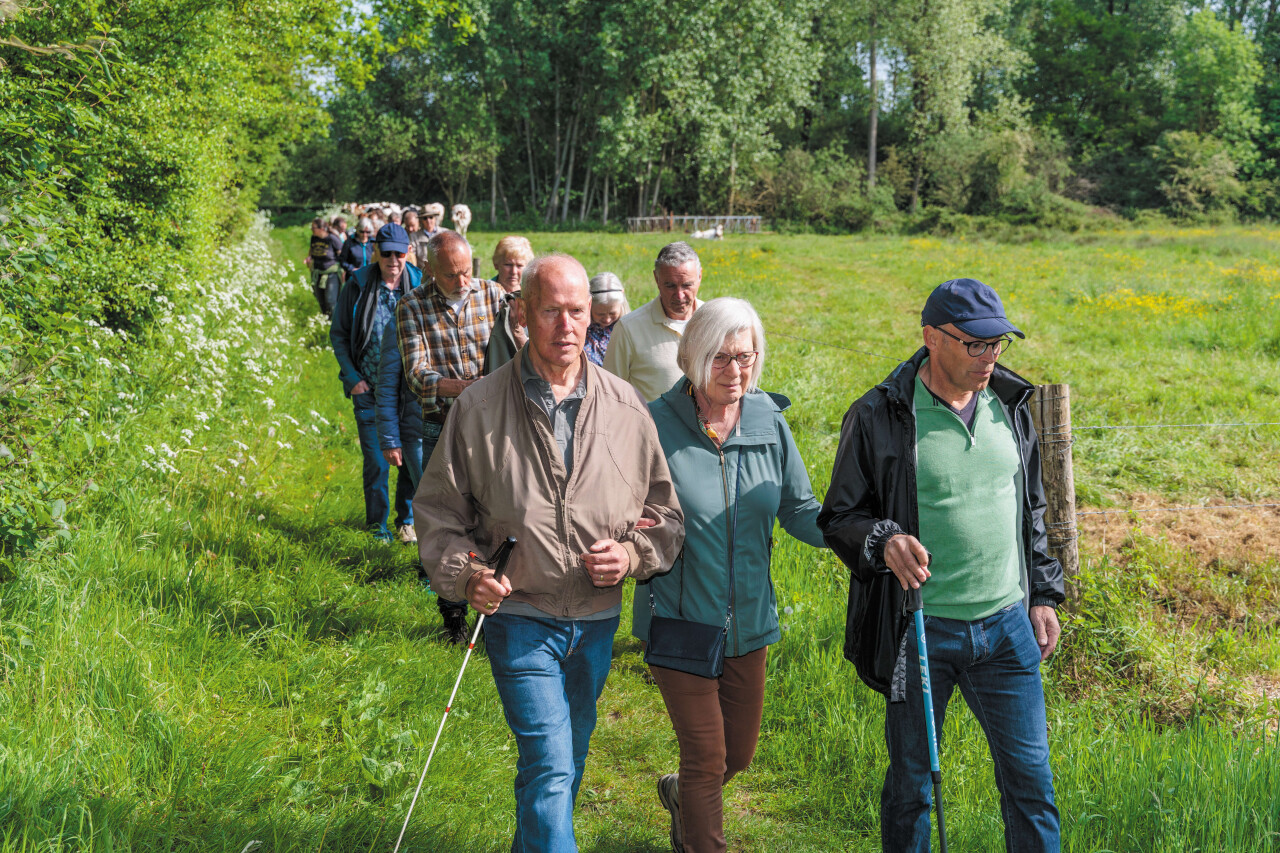 Een groep mensen wandelen door de natuur op Tongelaar